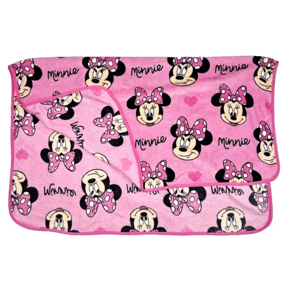 Disney Minnie Mouse Face Pink‎ Fleece Throw Blanket Baby Toddler Thin Bow Heart